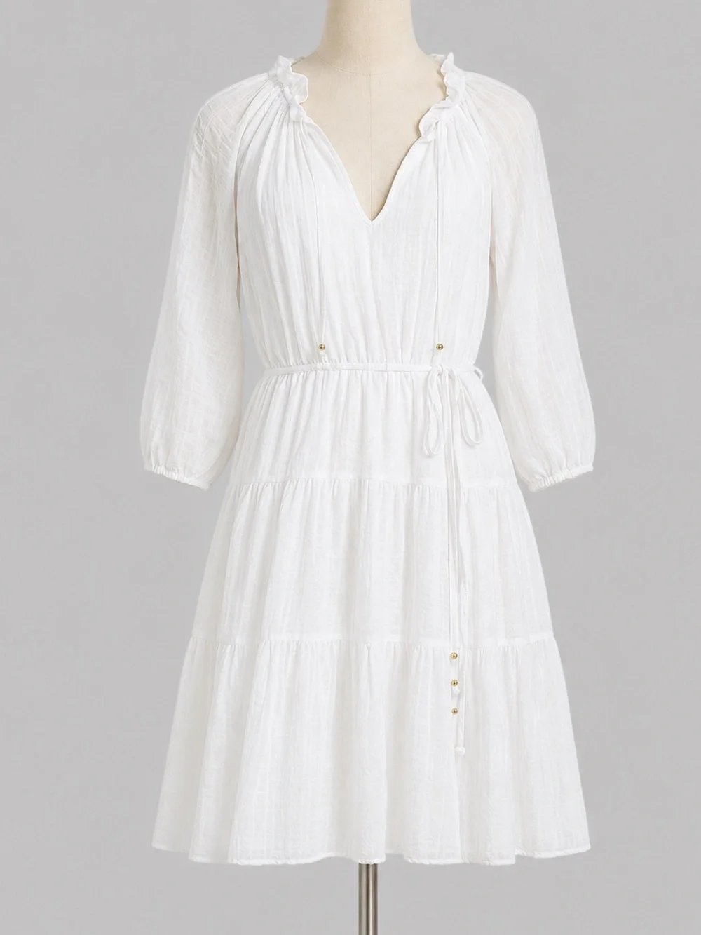 Calvin Klein White Tiered Tie Split V-Neck Midi Dress with Tie Waist - Picture 3 of 9